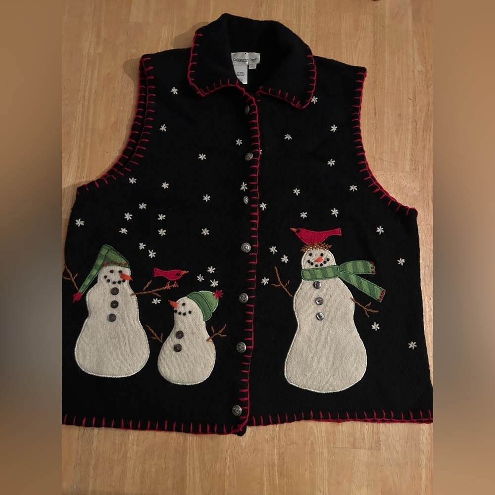 Vintage Sweater Vest Christmas snowman woman’s large Coldwater Creek snow wool